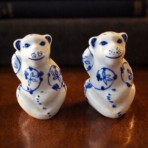 Vintage Blue and White Chinoiserie Monkey Salt and Pepper Shaker Set Porcelain